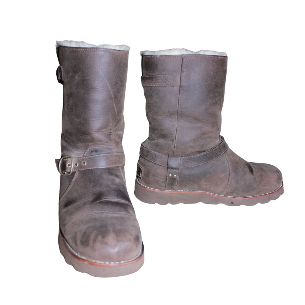 UGG Noira Brown Leather Waterproof Sheepskin Moto Biker Boots Size 9